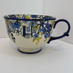 Anthropologie Monogram H Blue & Yellow Floral Footed Pedestal Coffee Mug Tea Cup